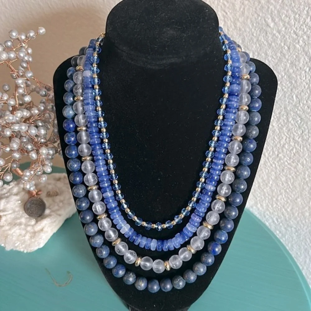 Loft Women’s Statement Multi-Strand Layered Blue and Gold Beaded Necklace